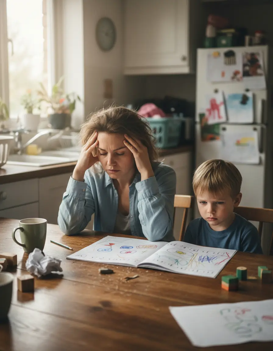 Madre frustrada ayudando a su hijo